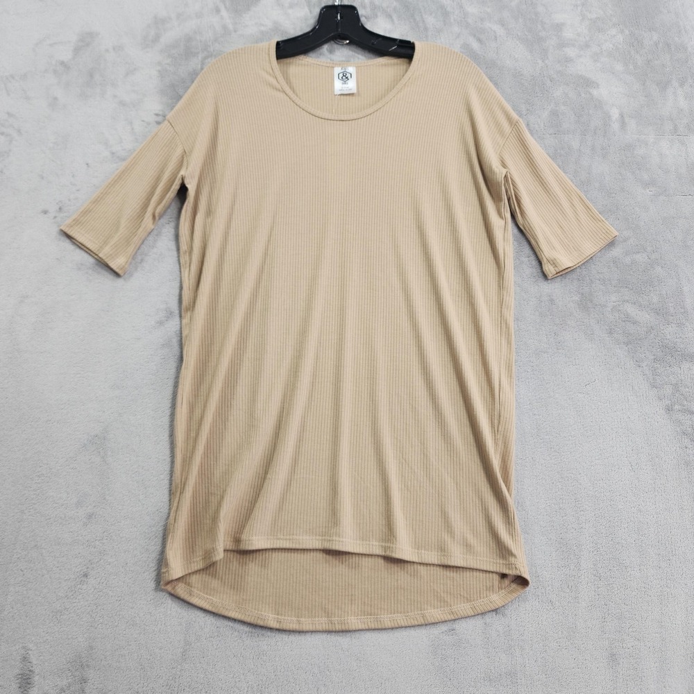 NEW Agnes & Dora Top Womens XS Beige Hi-Lo 3/4 Sleeve Tunic Ribbed Knit Stretch